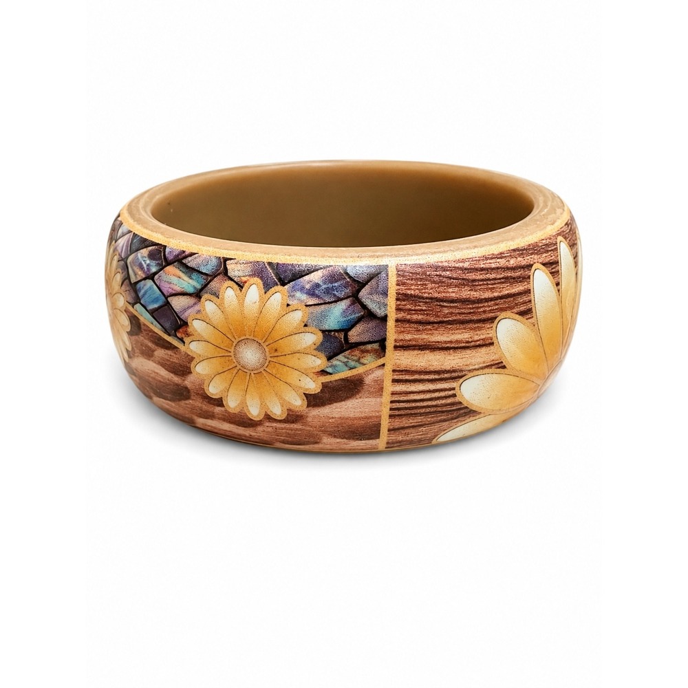 New Chunky Floral Acrylic Bangle Bracelet Brown Yellow Daisy Mosaic Bracelet